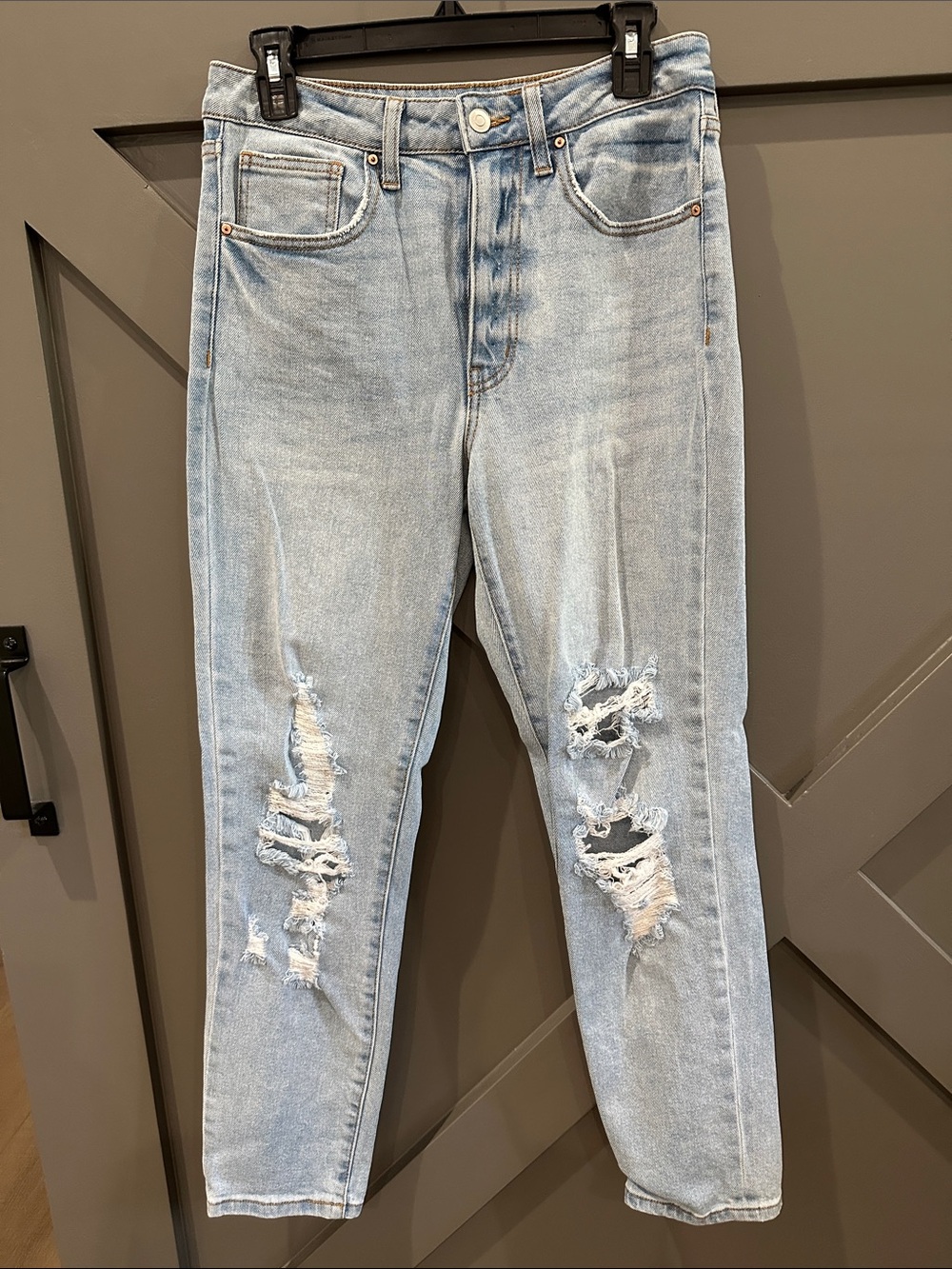 No Boundaries Light Blue Distressed Women's High Waisted Mom Jeans